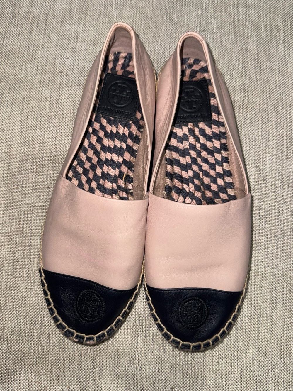 Tory Burch Blush Pink and Black Leather Espadrille Flats